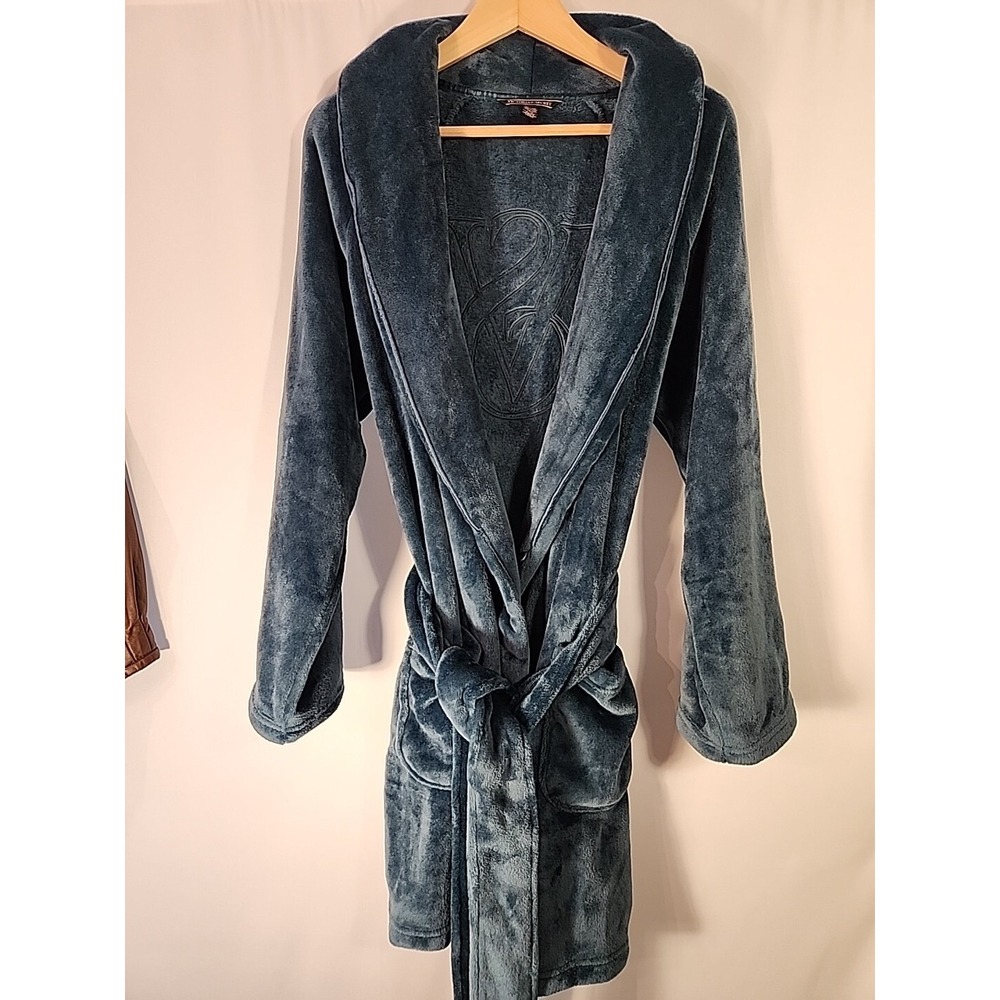 Victoria's Secret‎ Plush Robe Teal Blue Embossed Logo Fleece Cozy Womens XS/S